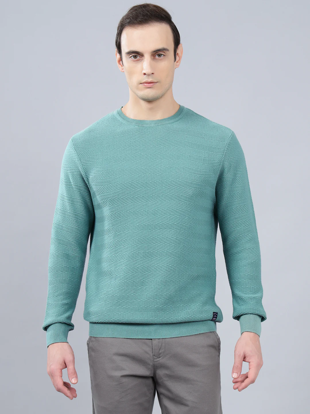 Men's Teal Self Design Full Sleeve Sweater - Image 2
