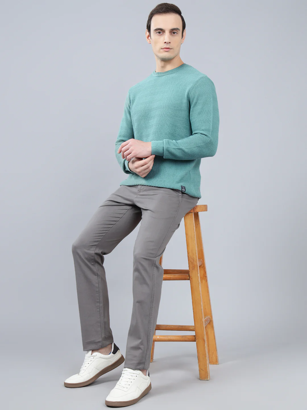 Men's Teal Self Design Full Sleeve Sweater - Image 3