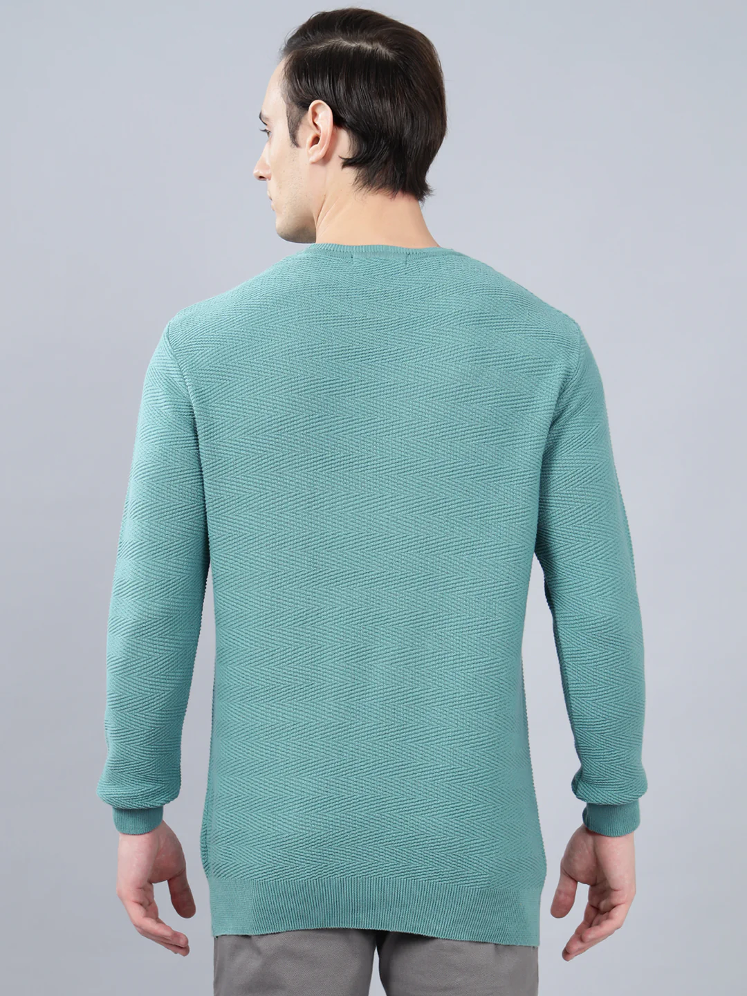 Men's Teal Self Design Full Sleeve Sweater - Image 4
