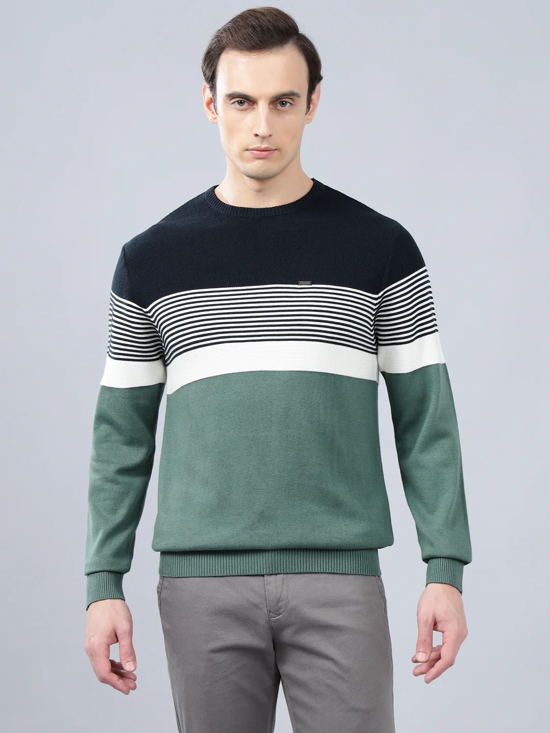 Men's Teal Striped Full Sleeve Sweater - Image 2