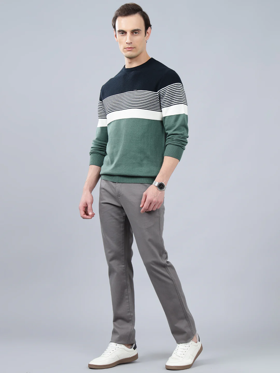 Men's Teal Striped Full Sleeve Sweater - Image 3