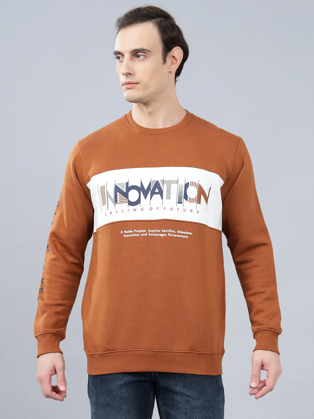 Men's Typography Printed Brown Round Neck Sweatshirt - Image 3