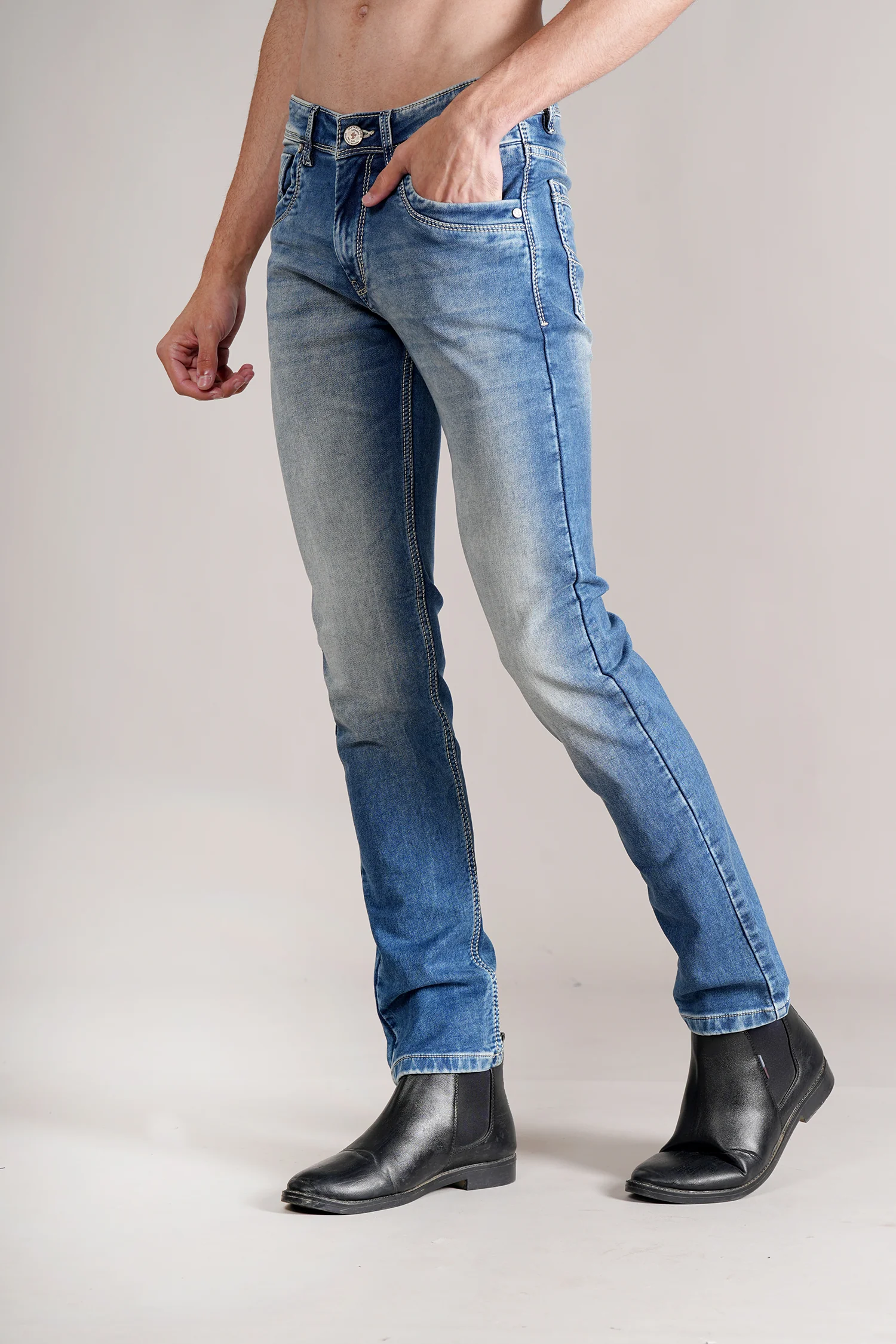 Denim Jeans for Men l Breathable & Soft with Color Fastness Ultra Narrow Fit Cotton Fabric Solid Pattern Button Closure - Image 3