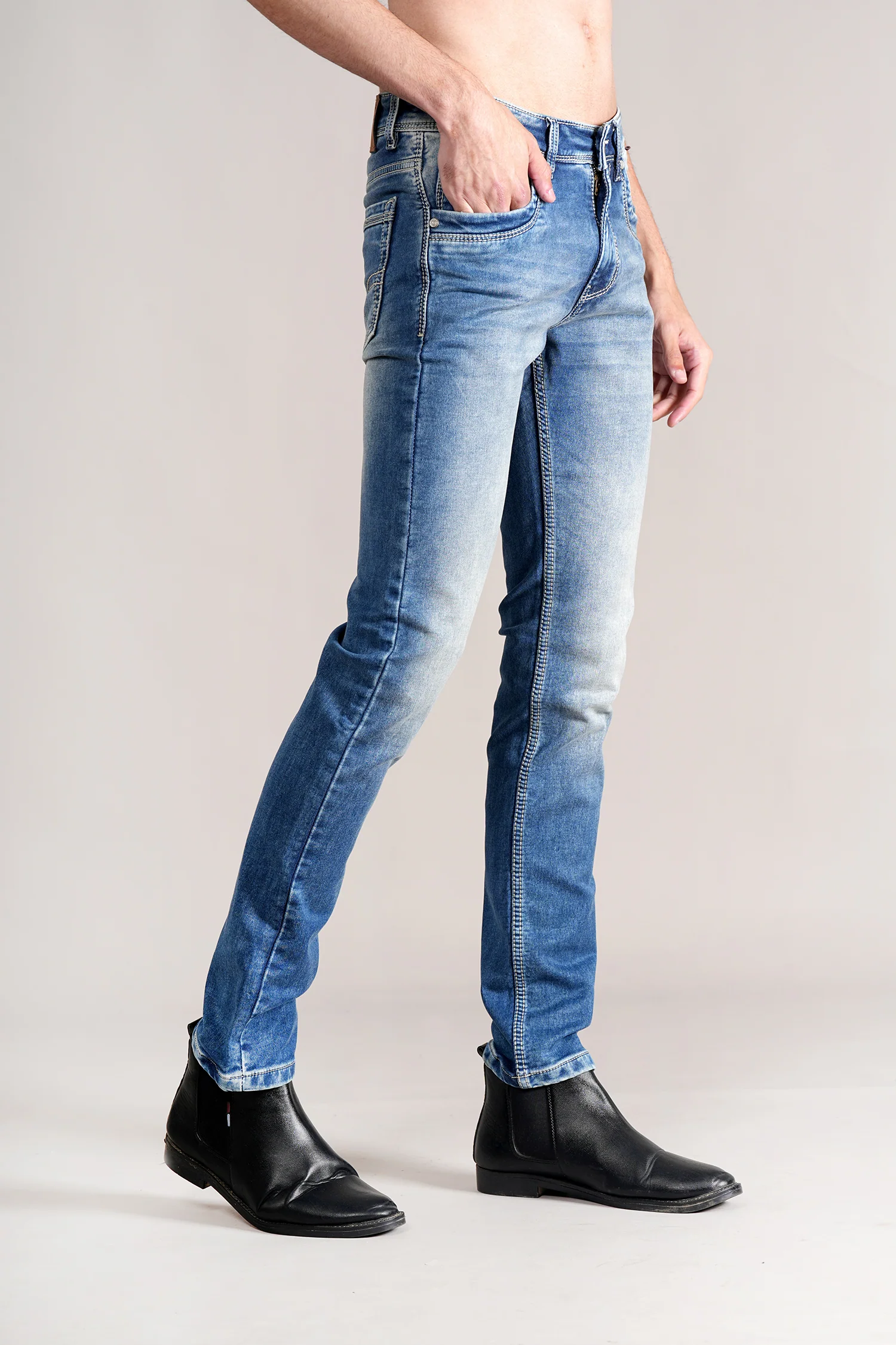 Denim Jeans for Men l Breathable & Soft with Color Fastness Ultra Narrow Fit Cotton Fabric Solid Pattern Button Closure - Image 4
