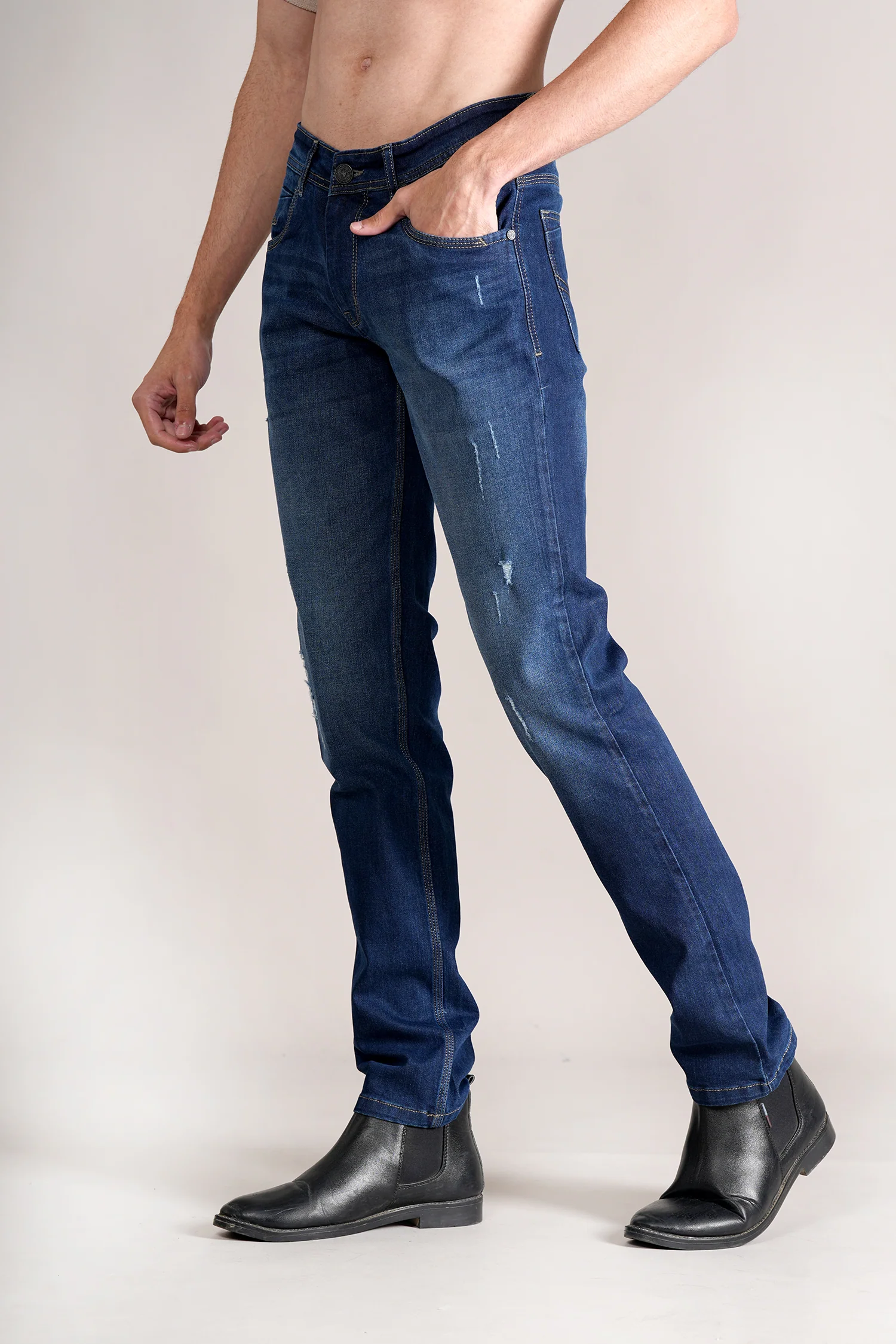 Denim Jeans for Men l Breathable & Soft with Color Fastness Ultra Narrow Fit Cotton Fabric Solid Pattern Button Closure - Image 4