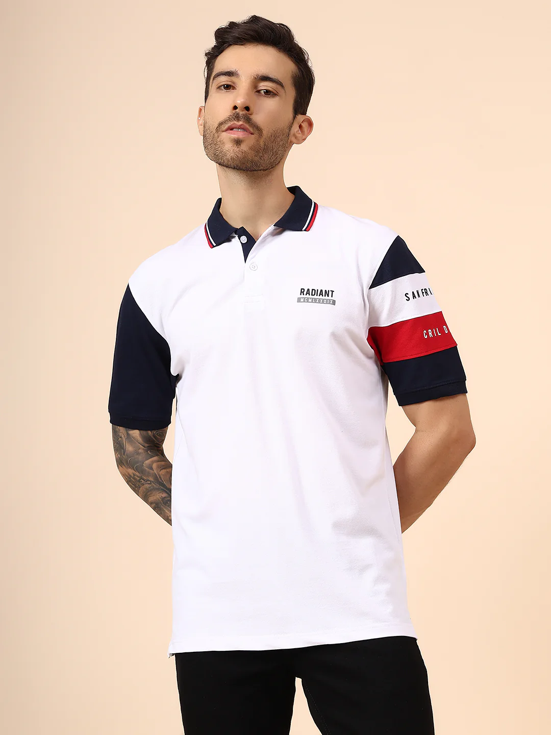 T-Shirt for Men | Breathable & Soft with Color Fastness Regular Fit Polo Neck Cotton Blend Fabric Colour Block Pattern - Image 2