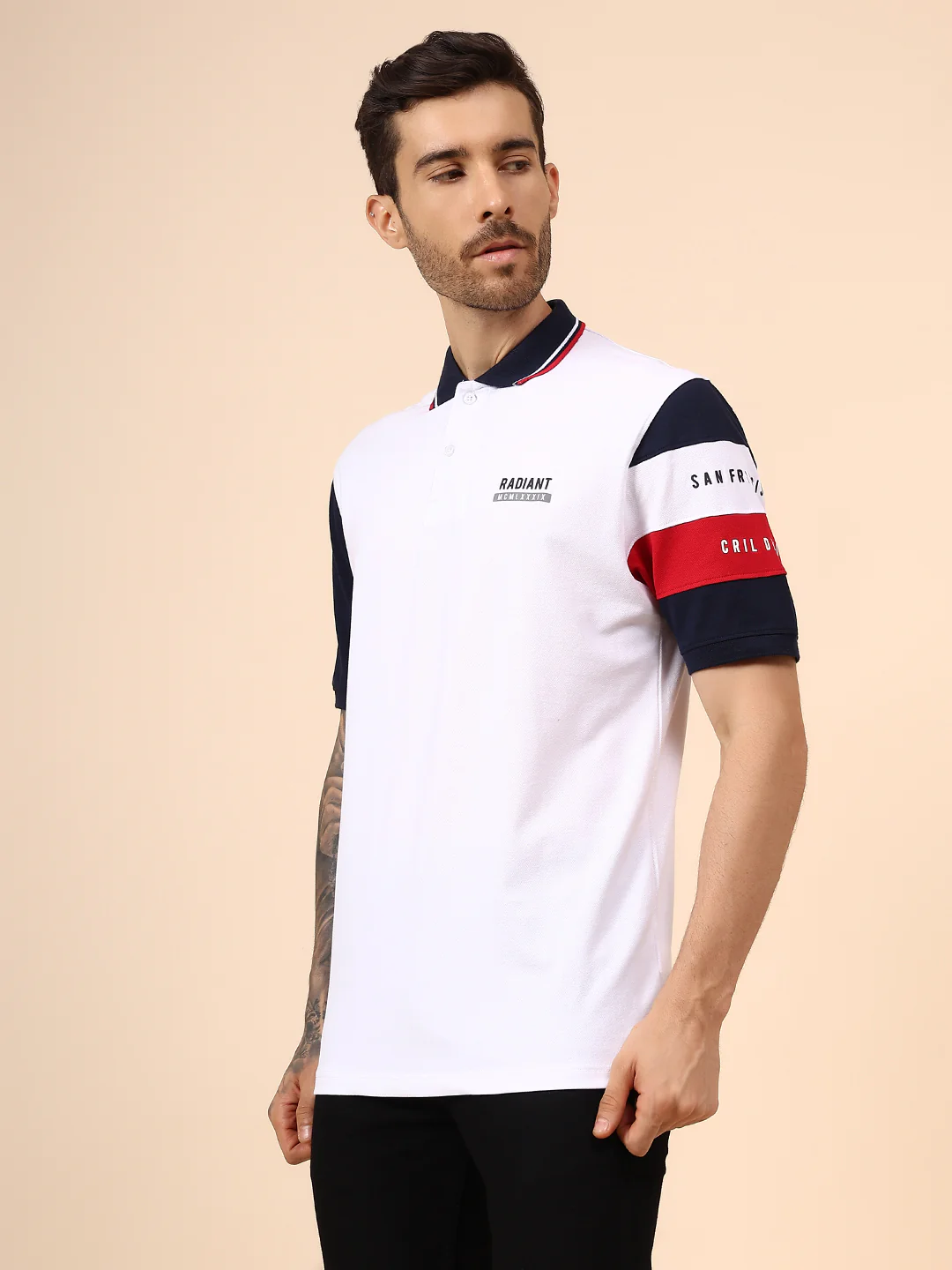 T-Shirt for Men | Breathable & Soft with Color Fastness Regular Fit Polo Neck Cotton Blend Fabric Colour Block Pattern - Image 3
