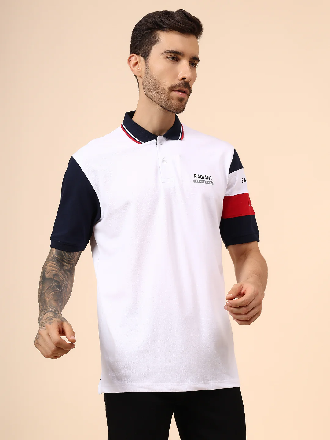 T-Shirt for Men | Breathable & Soft with Color Fastness Regular Fit Polo Neck Cotton Blend Fabric Colour Block Pattern - Image 4