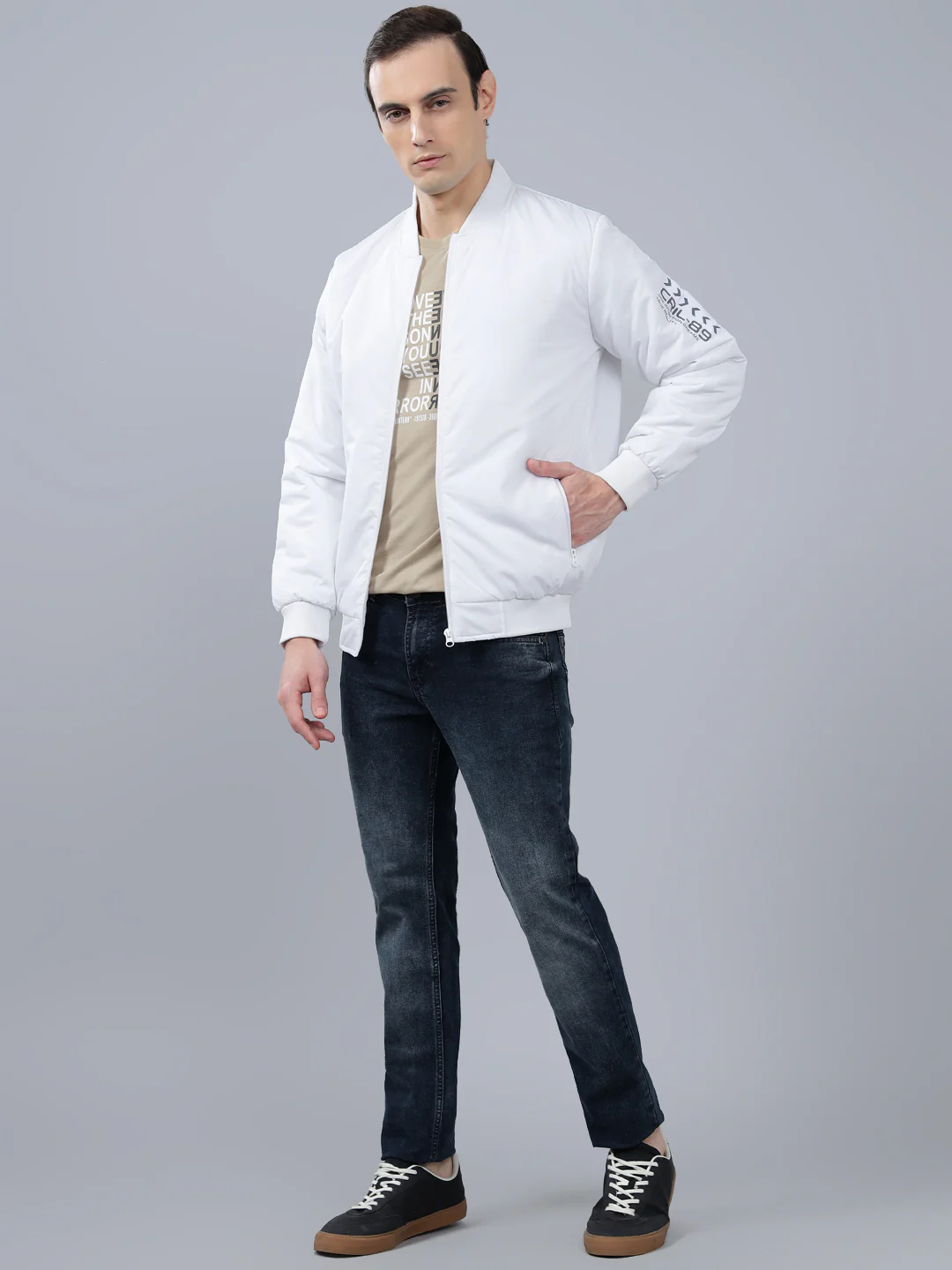 Men's White Solid Mock Neck Winter Jacket - Image 3