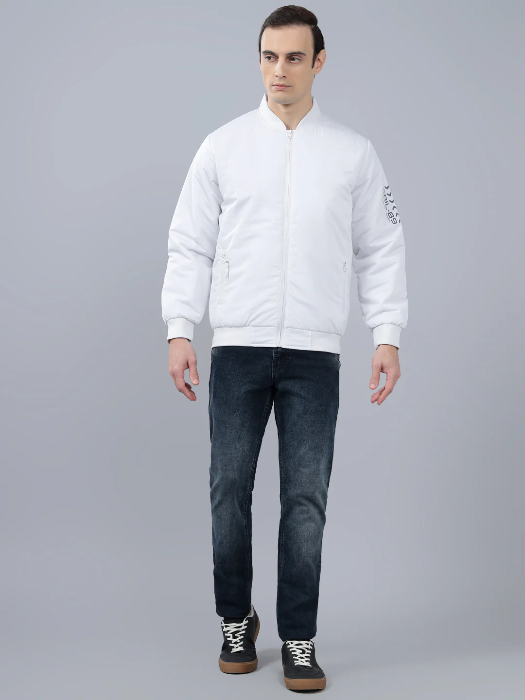 Men's White Solid Mock Neck Winter Jacket - Image 4