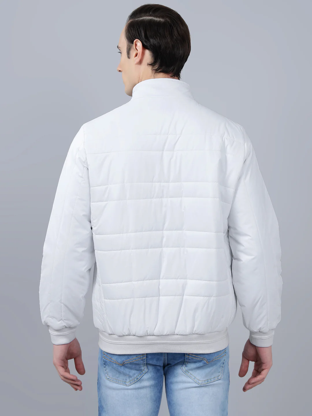 Men's White Solid Stand Collar Reversible Winter Jacket - Image 2