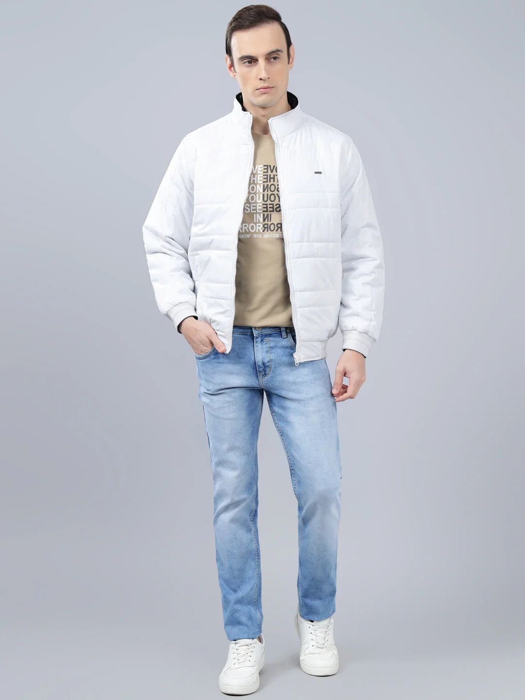 Men's White Solid Stand Collar Reversible Winter Jacket - Image 3