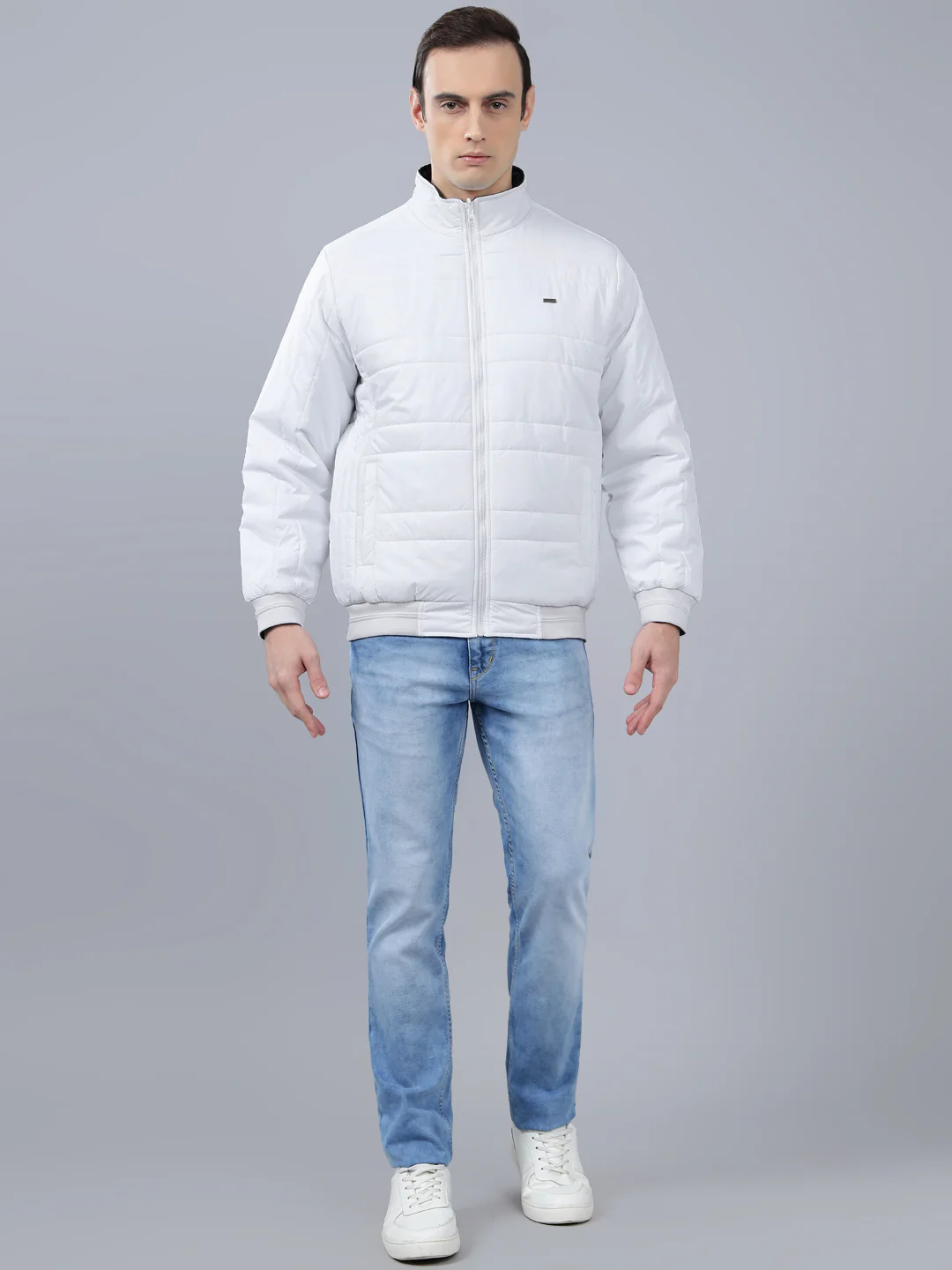 Men's White Solid Stand Collar Reversible Winter Jacket - Image 4