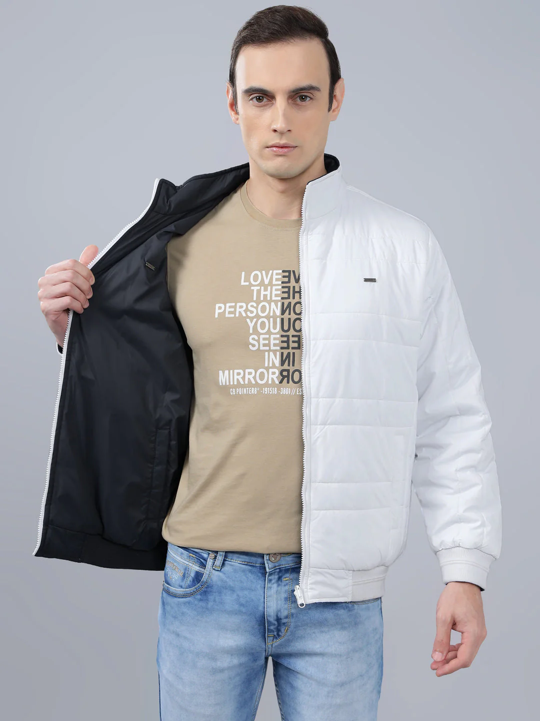 Men's White Solid Stand Collar Reversible Winter Jacket - Image 5