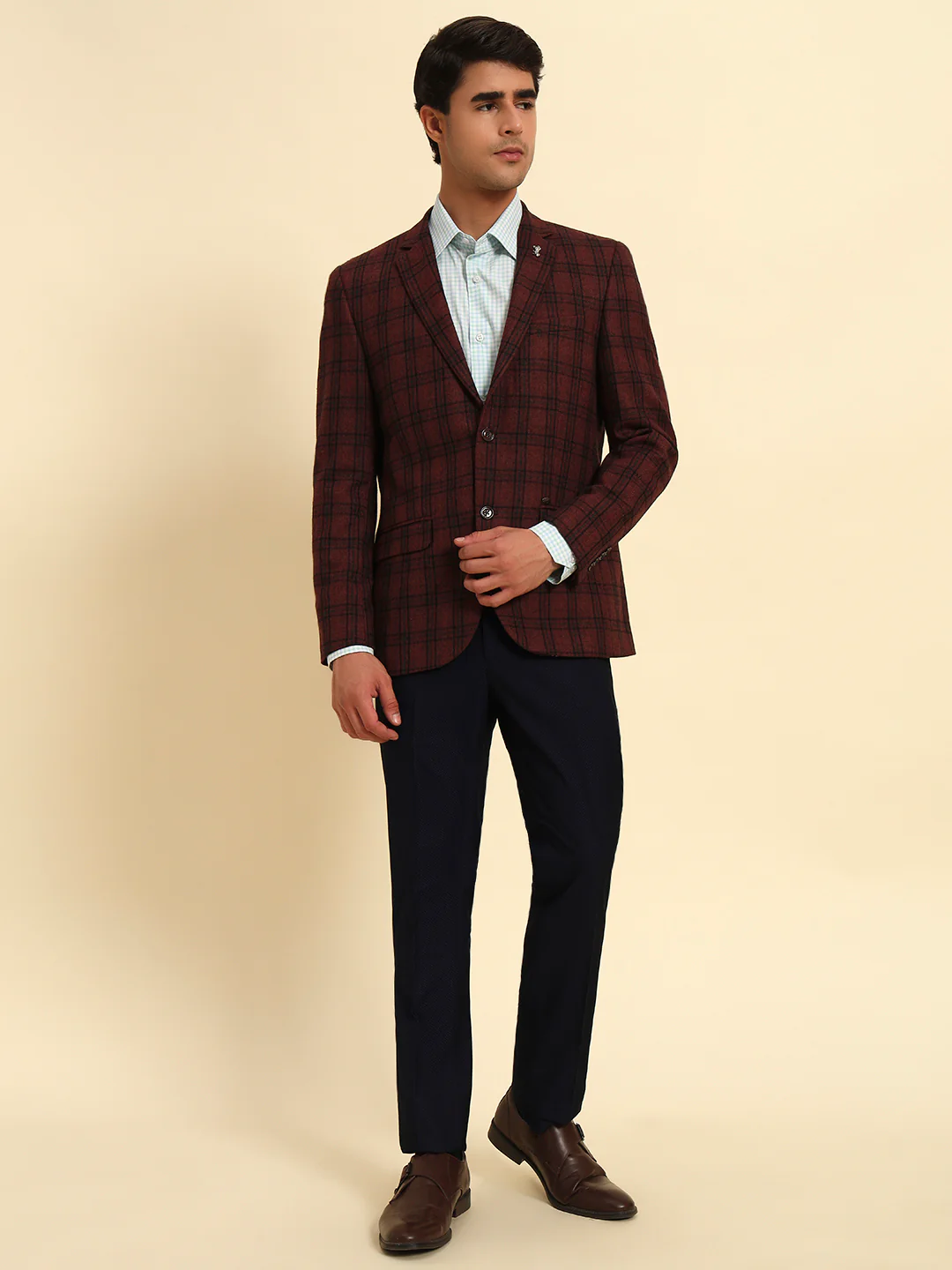 Men’s Wine Checkered Smart Fit Coat | Cantabil - Image 4