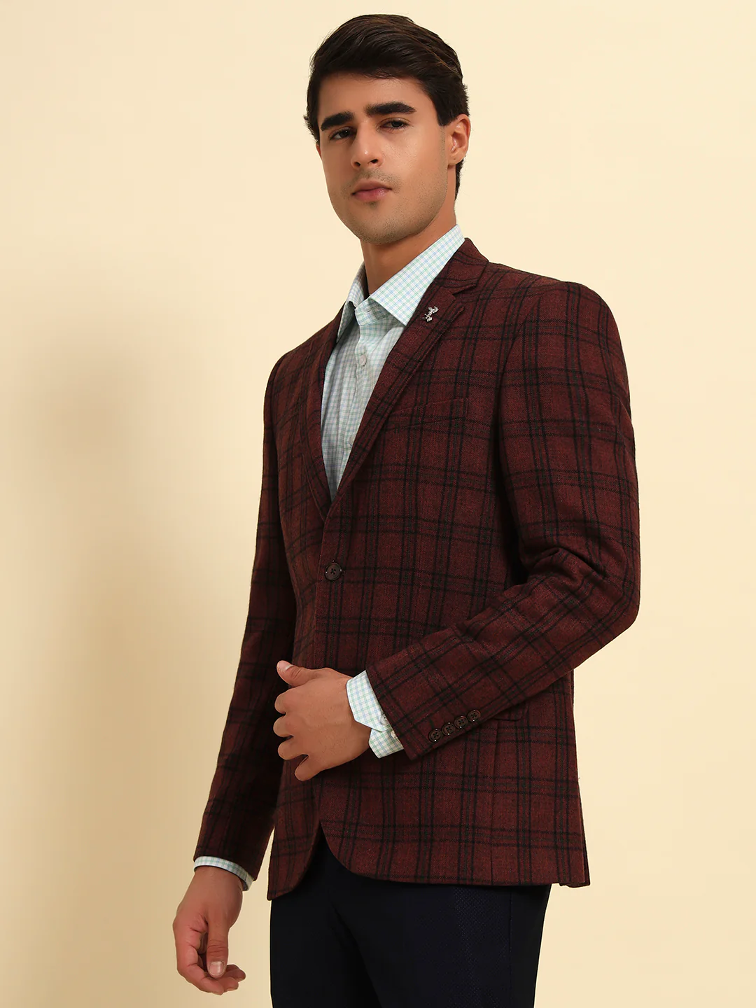 Men’s Wine Checkered Smart Fit Coat | Cantabil - Image 7