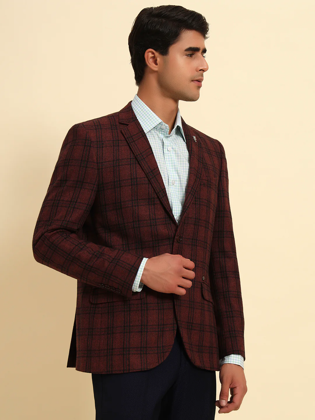 Men’s Wine Checkered Smart Fit Coat | Cantabil - Image 8