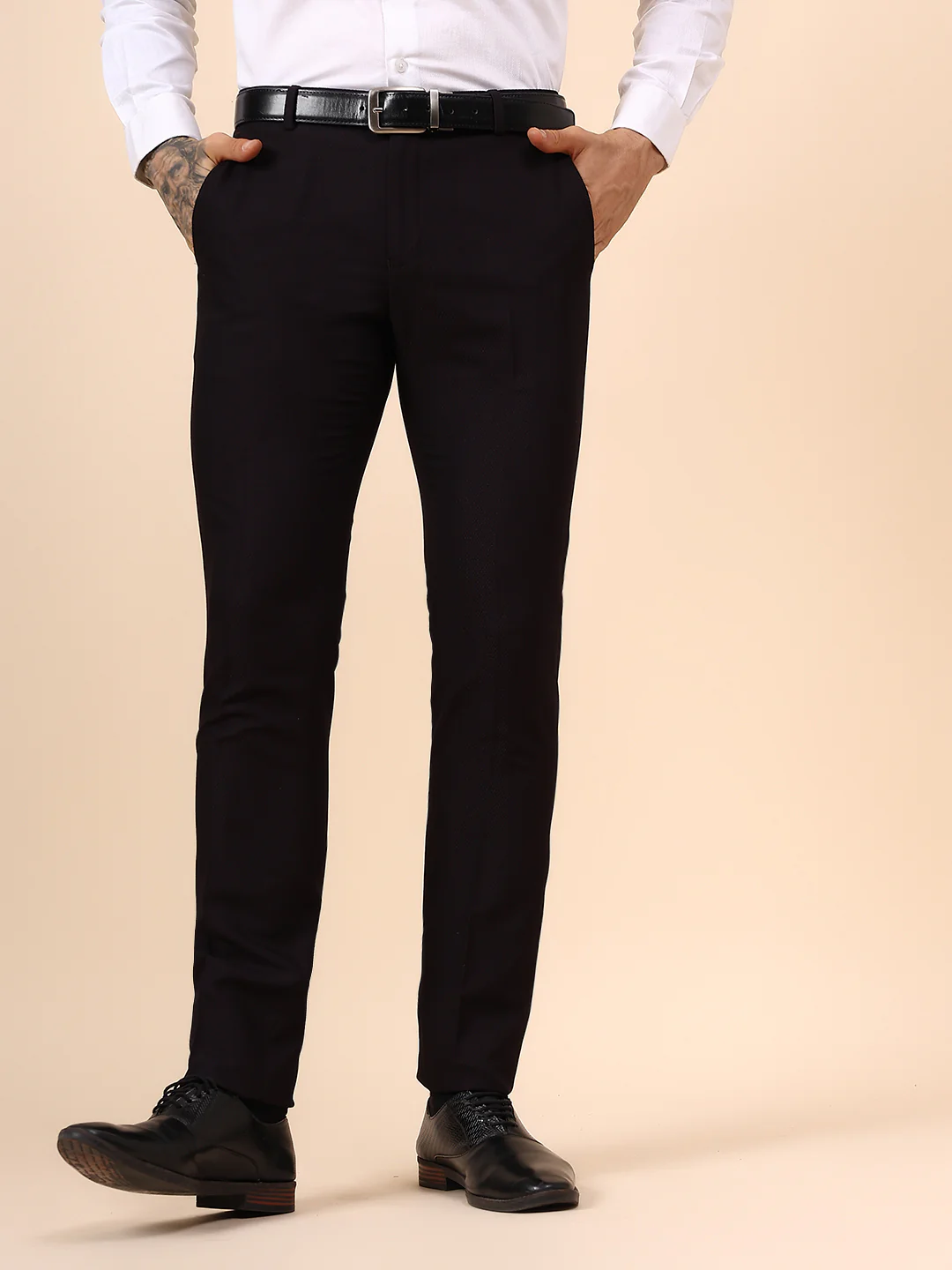 Men's Wine Self Design Non Plated Regular Fit Formal Trouser - Image 2