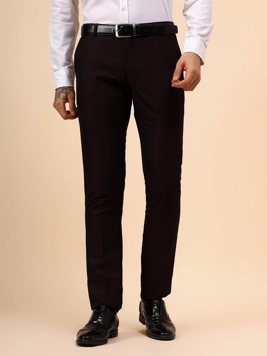 Men's Wine Self Design Non Plated Regular Fit Formal Trouser - Image 2