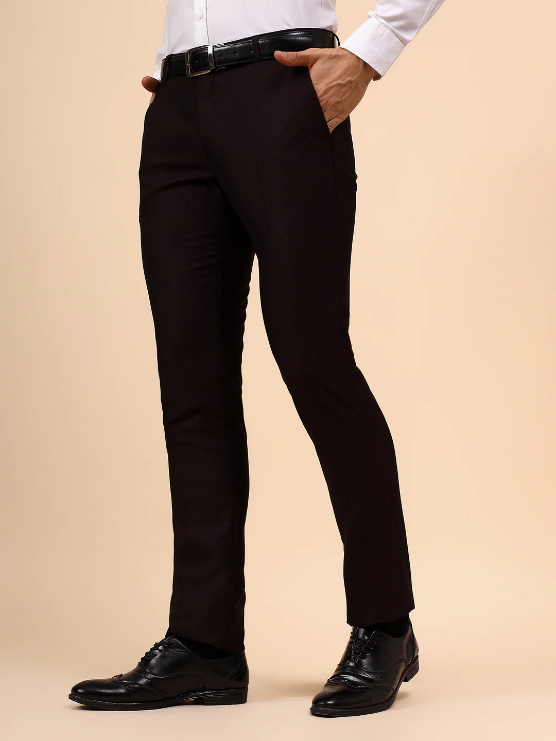 Men's Wine Self Design Non Plated Regular Fit Formal Trouser - Image 3