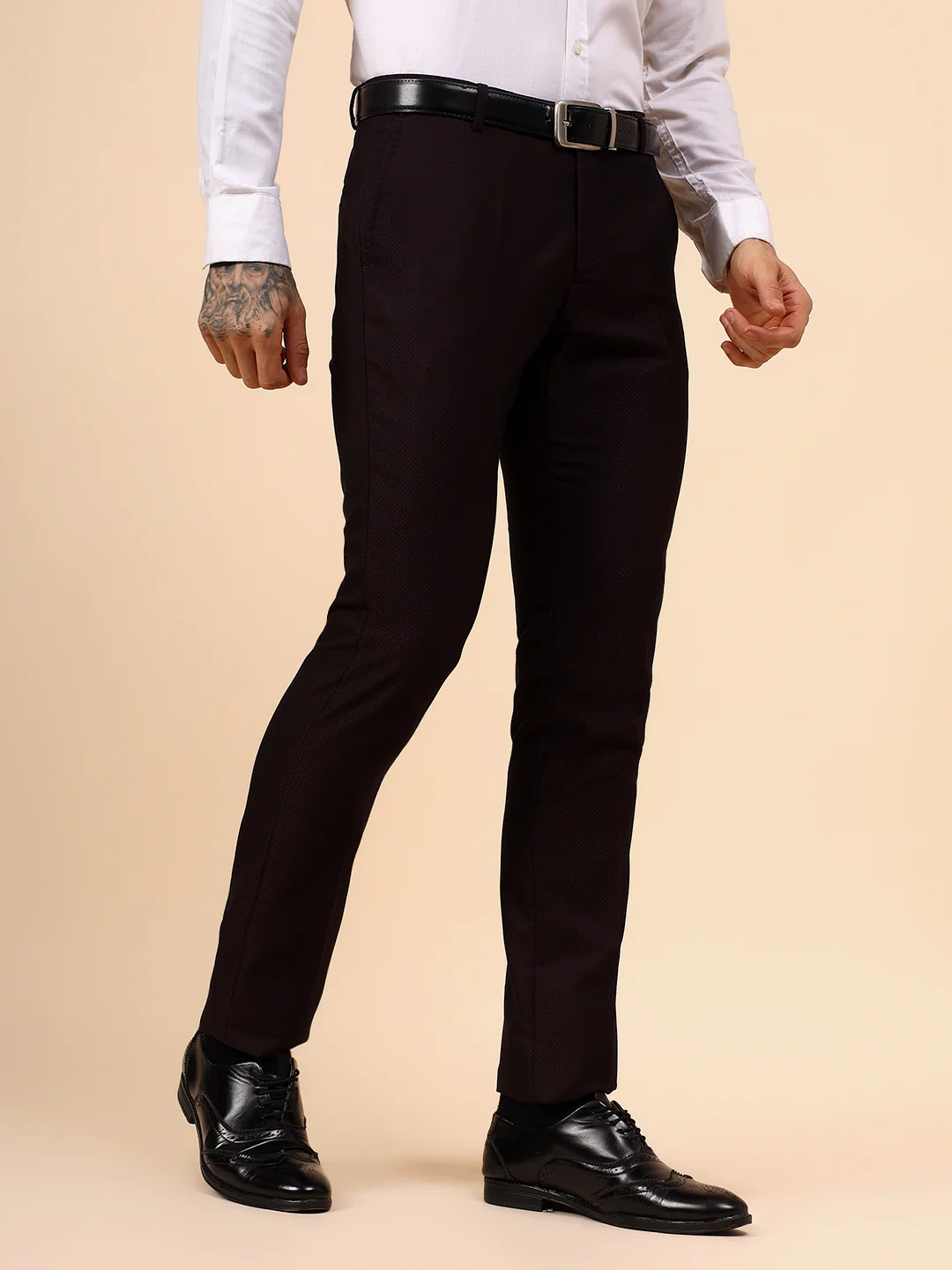 Men's Wine Self Design Non Plated Regular Fit Formal Trouser - Image 4