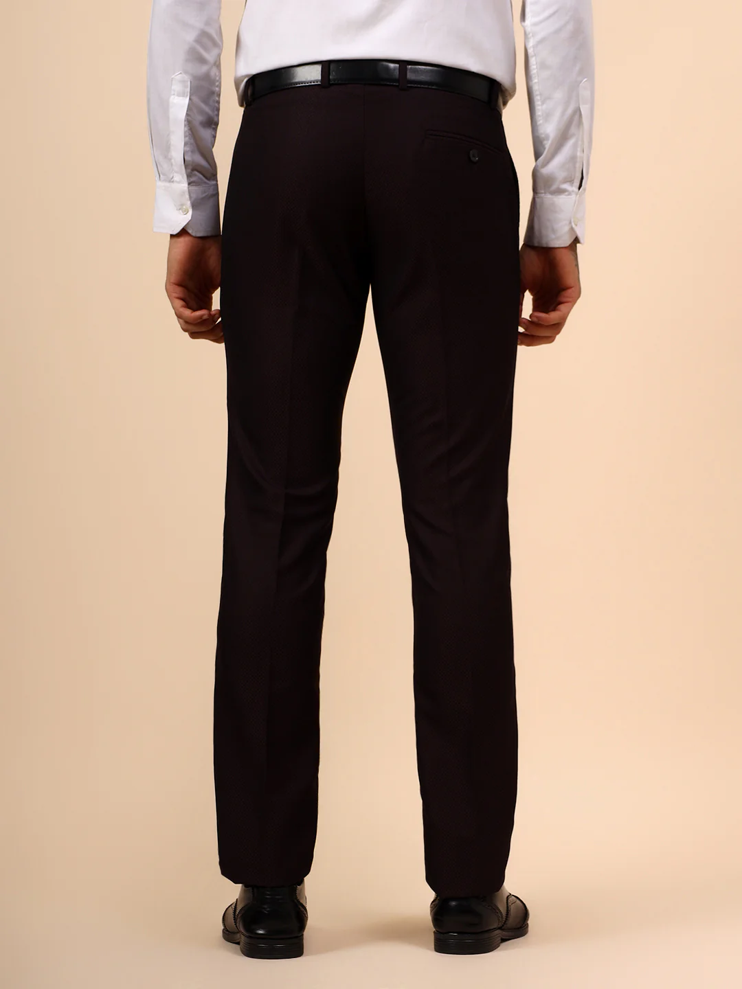 Men's Wine Self Design Non Plated Regular Fit Formal Trouser - Image 5