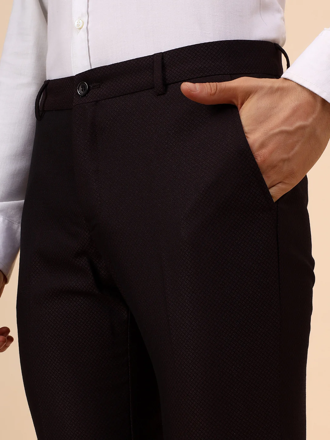 Men's Wine Self Design Non Plated Regular Fit Formal Trouser - Image 6