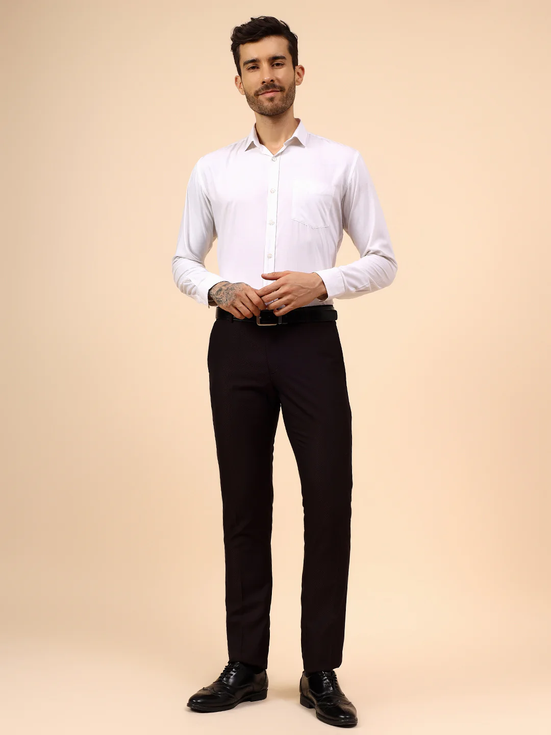Men's Wine Self Design Non Plated Regular Fit Formal Trouser - Image 7