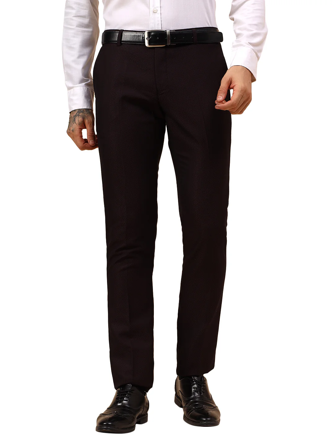 Men's Wine Self Design Non Plated Regular Fit Formal Trouser - Image 9