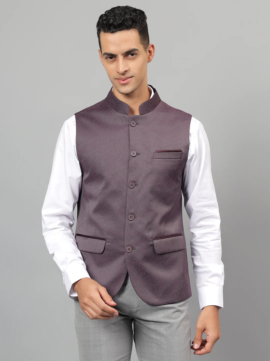 Men's Wine Self Design Partywear Waistcoat - Image 2