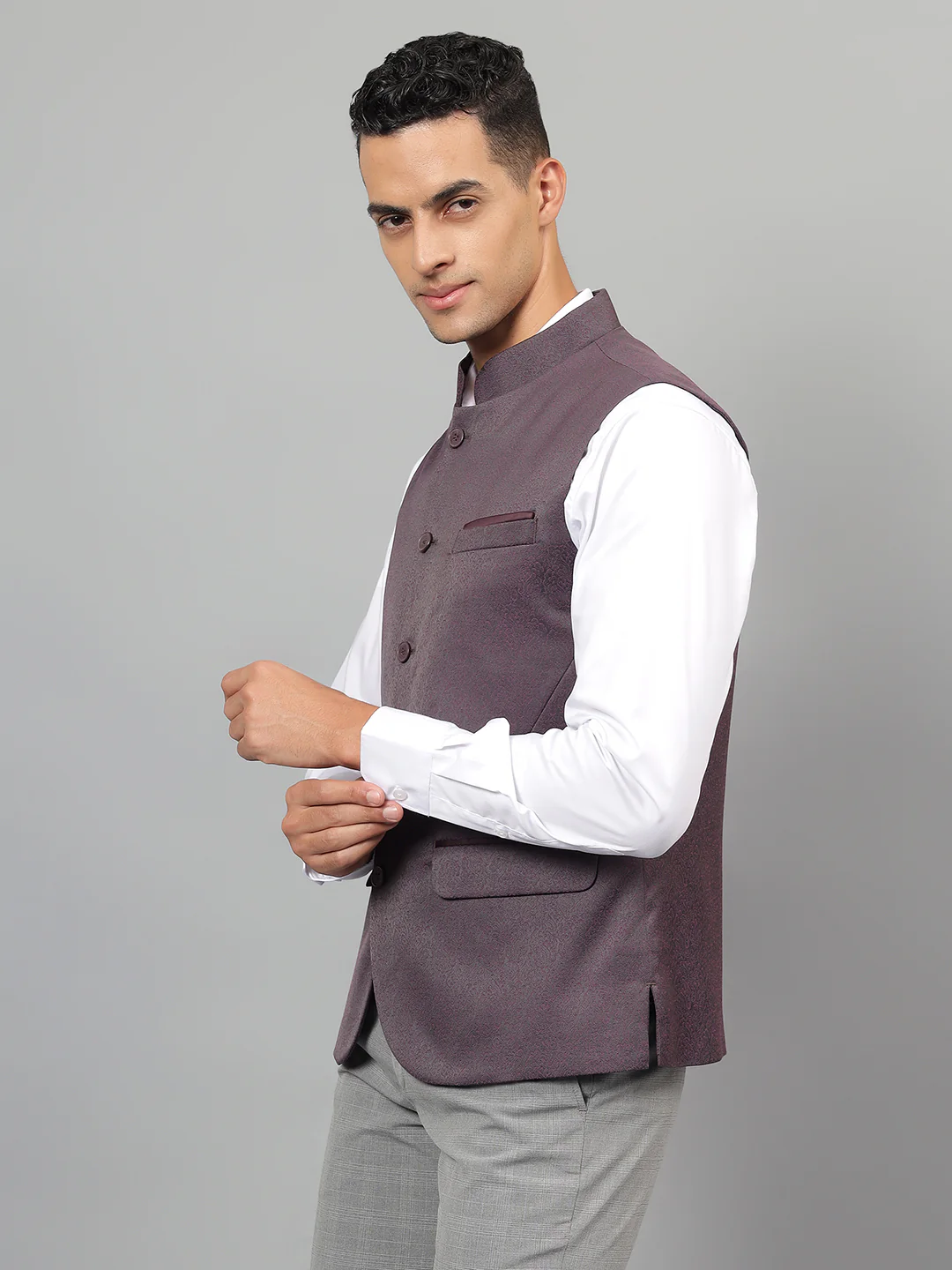 Men's Wine Self Design Partywear Waistcoat - Image 4