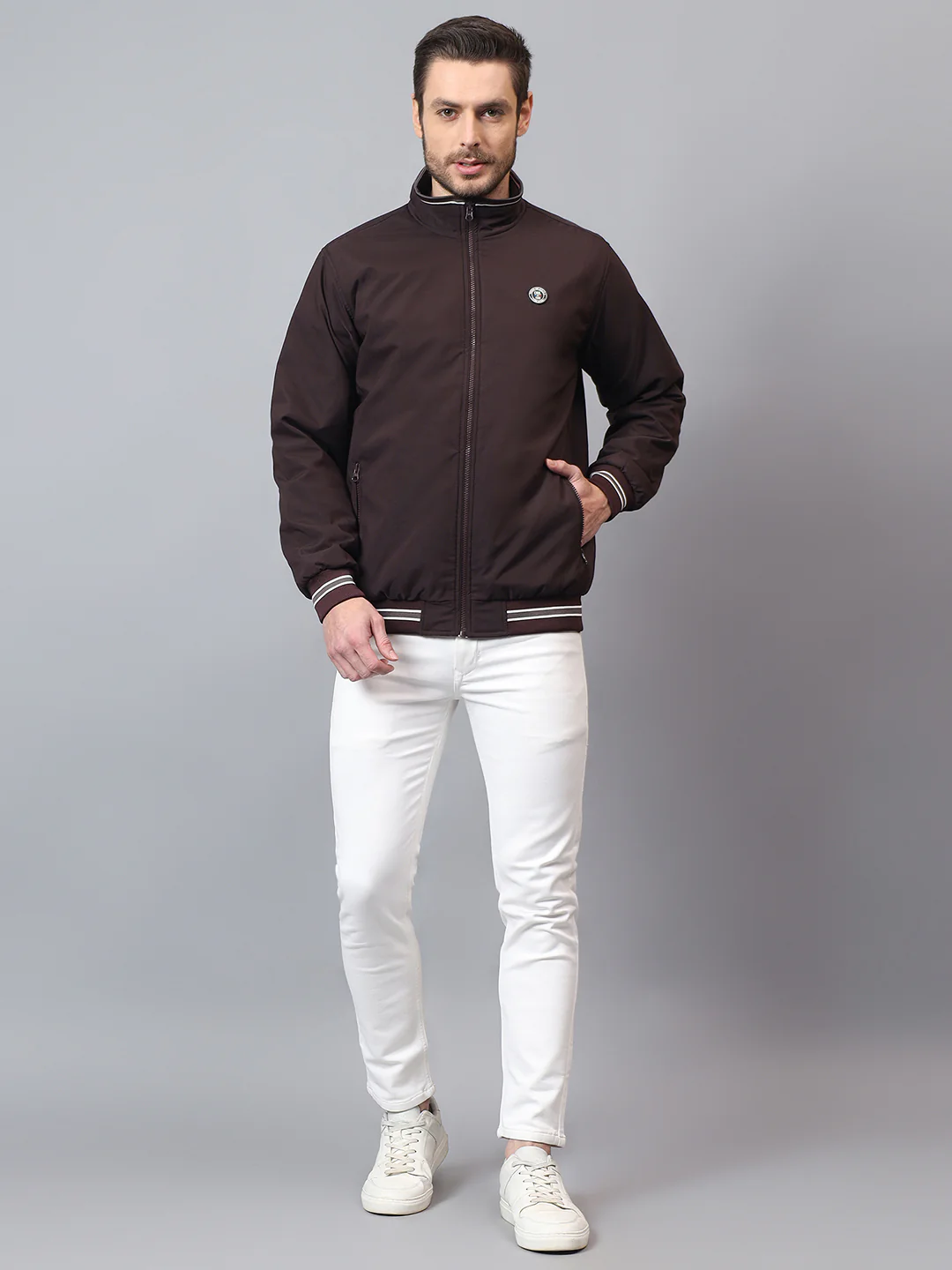 Men's Wine Solid Mock Neck Winter Reversible Jacket - Image 3