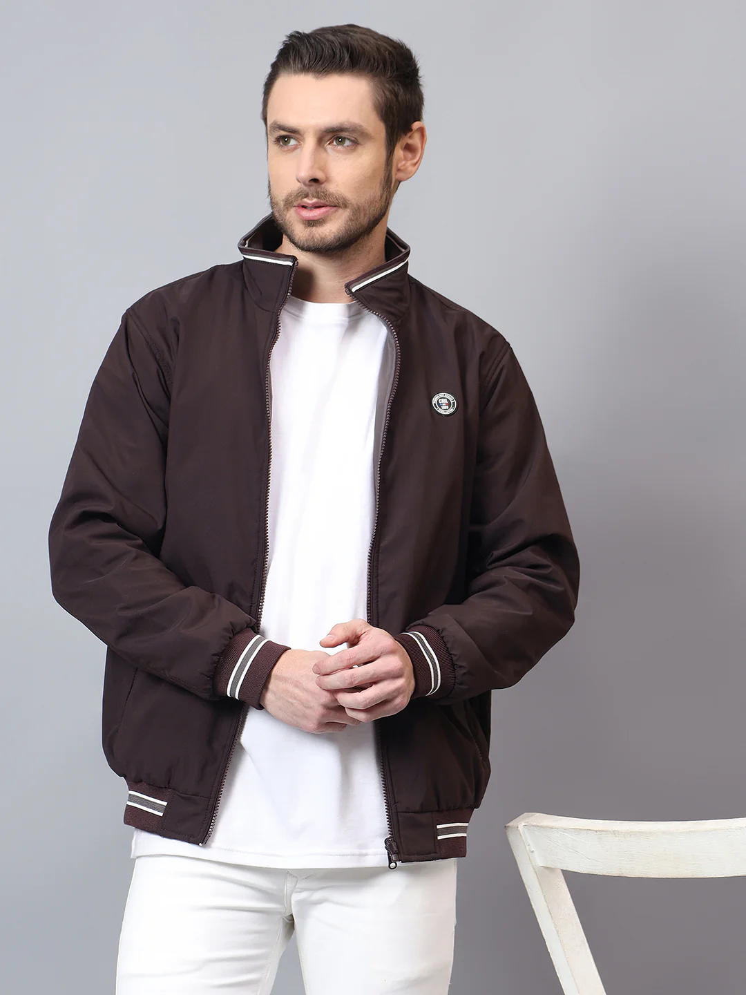 Men's Wine Solid Mock Neck Winter Reversible Jacket - Image 4