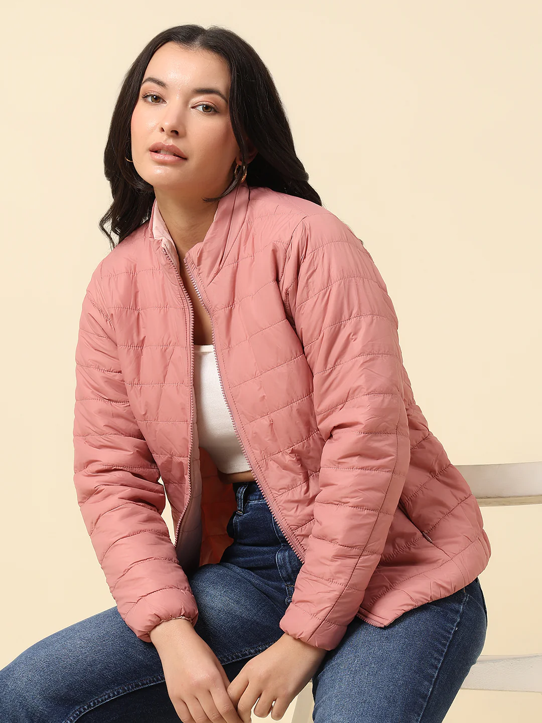 Reversible Jacket for Women | Premium Casual Jacket Regular Fit Mock Neck Nylon Fabric Solid Pattern - Image 2