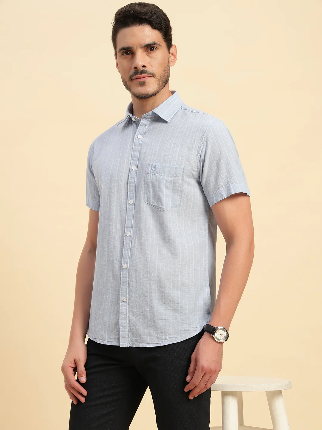 Casual Shirt for Men | Breathable & Soft with Color Fastness Regular Fit Spread Collar Neck Cotton Fabric Striped Pattern - Image 10