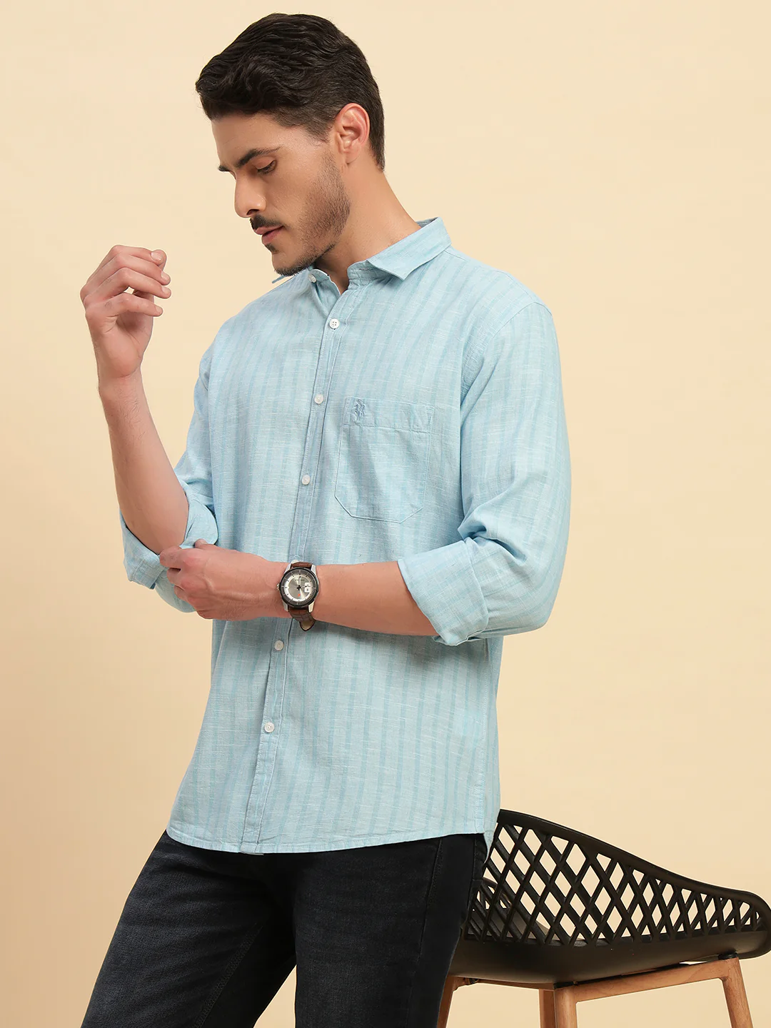Casual Shirt for Men | Breathable & Soft with Color Fastness Regular Fit Spread Collar Neck Cotton Fabric Striped Pattern - Image 9