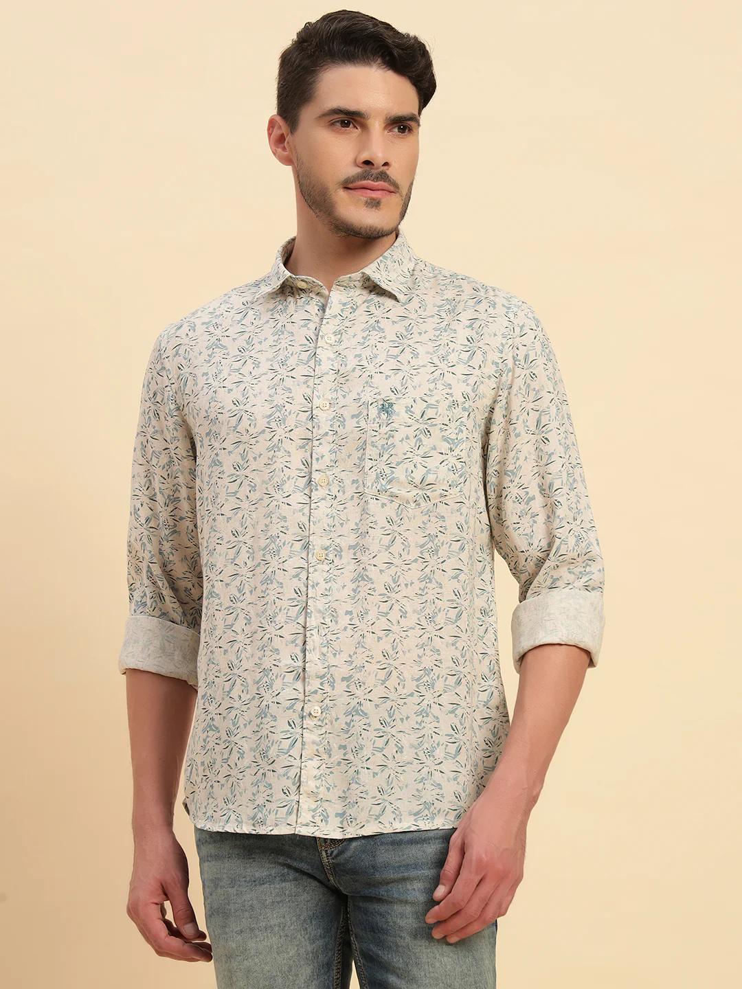 Casual Shirt for Men | Breathable & Soft with Color Fastness Regular Fit Spread Collar Neck Cotton Linen Fabric Printed Pattern - Image 3