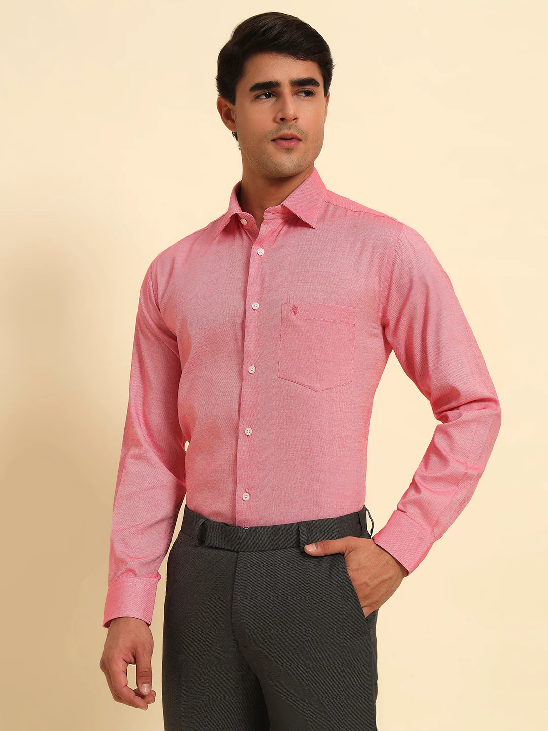 Formal Shirt for Men l Breathable & Soft with Color Fastness Regular Fit Spread Collar Neck Poly Cotton Fabric Self Design Pattern - Image 9