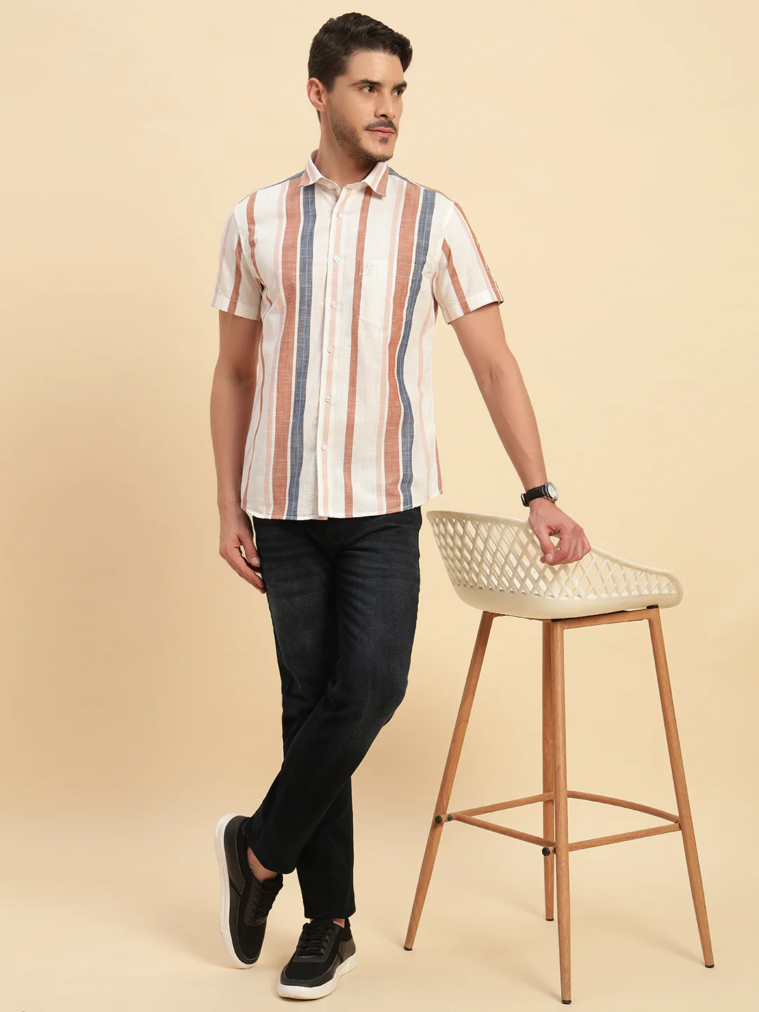 Casual Shirt for Men | Breathable & Soft with Color Fastness Regular Fit Spread Collar Neck Cotton Fabric Striped Pattern - Image 10