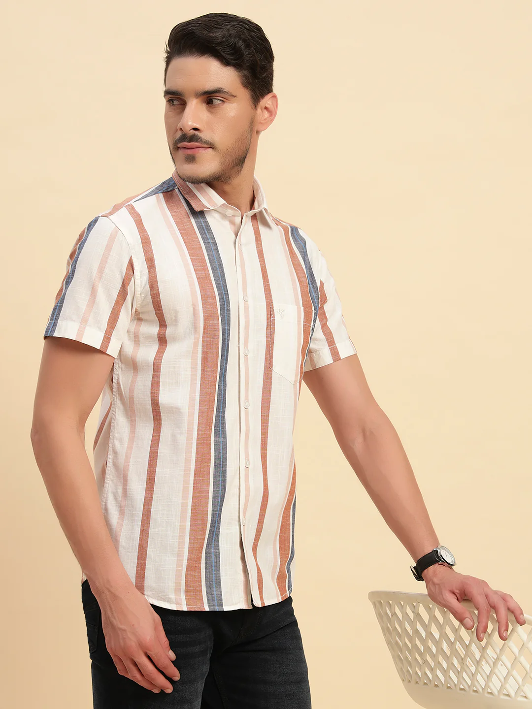 Casual Shirt for Men | Breathable & Soft with Color Fastness Regular Fit Spread Collar Neck Cotton Fabric Striped Pattern - Image 2