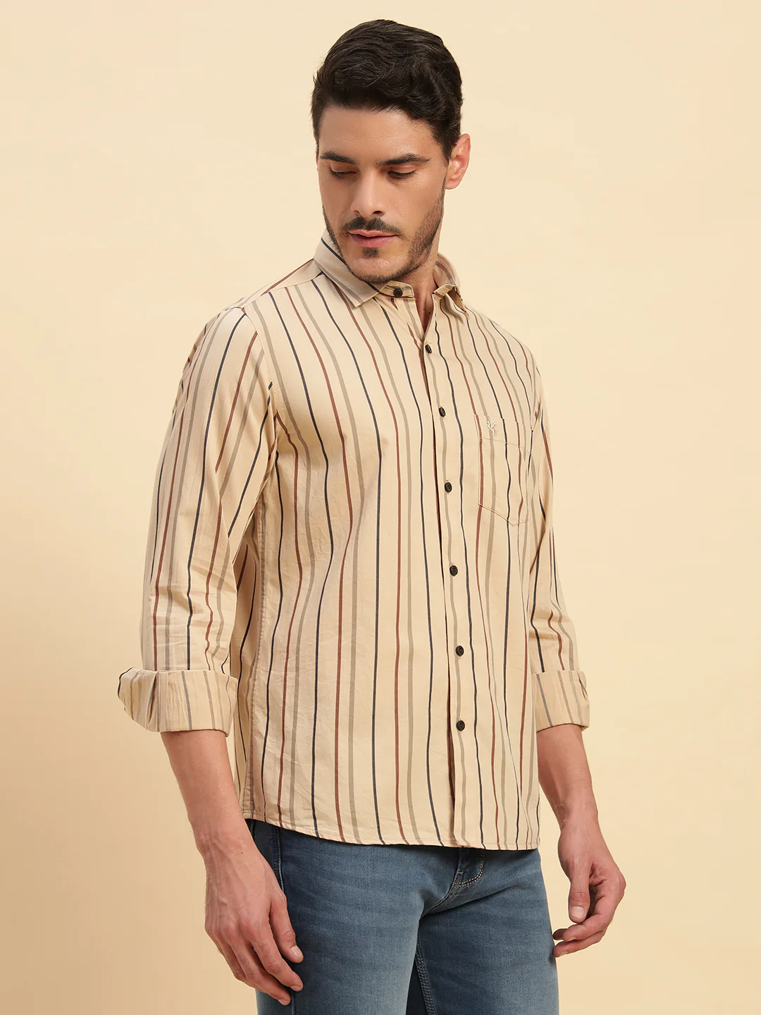 Casual Shirt for Men | Breathable & Soft with Color Fastness Regular Fit Spread Collar Neck Cotton Fabric Striped Pattern - Image 9