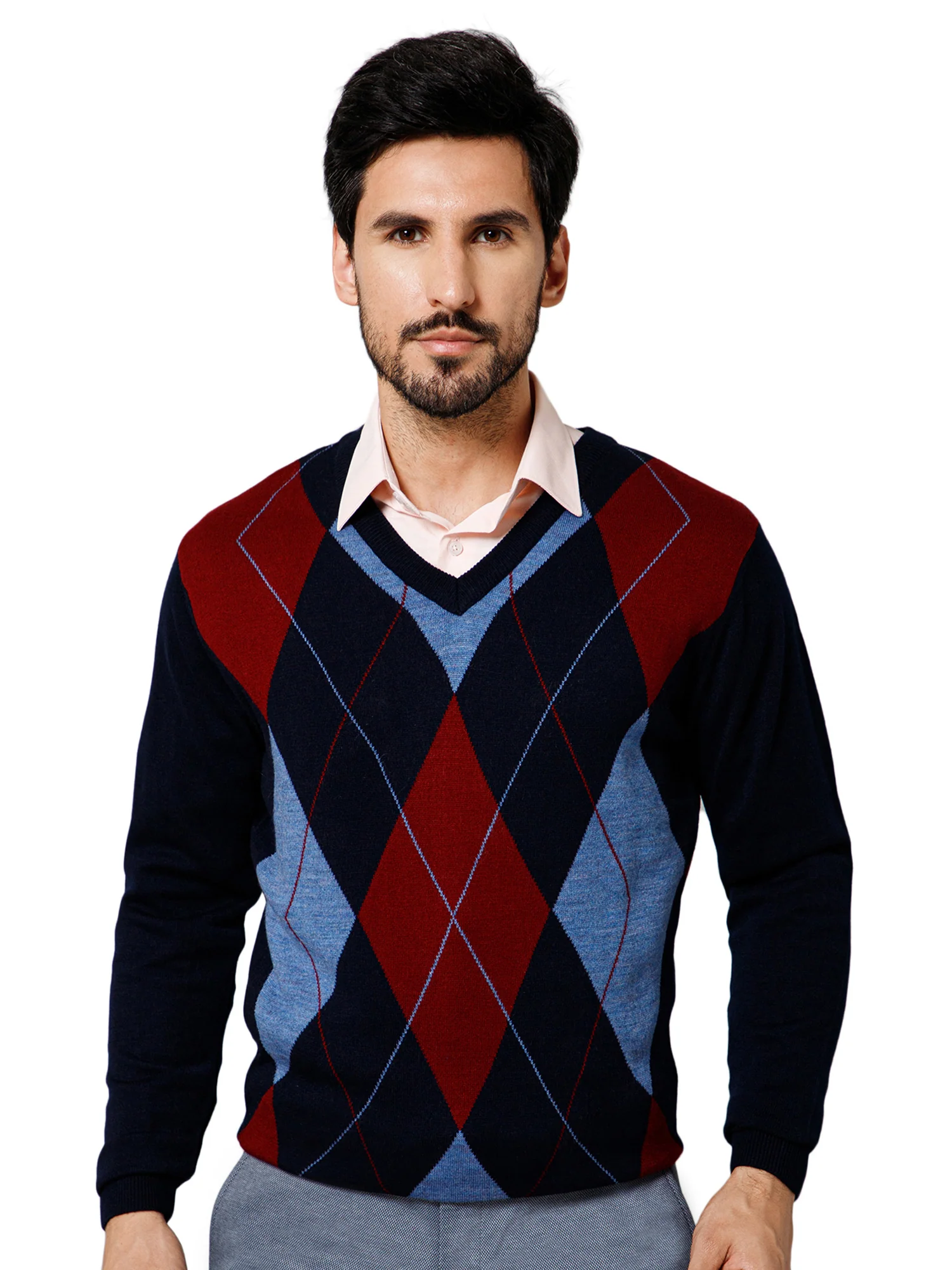 Sweater for Men l Winter Wear Acrylic Fabric Pull-On Closure V-Neck Regular Fit Color Block Pattern - Image 2