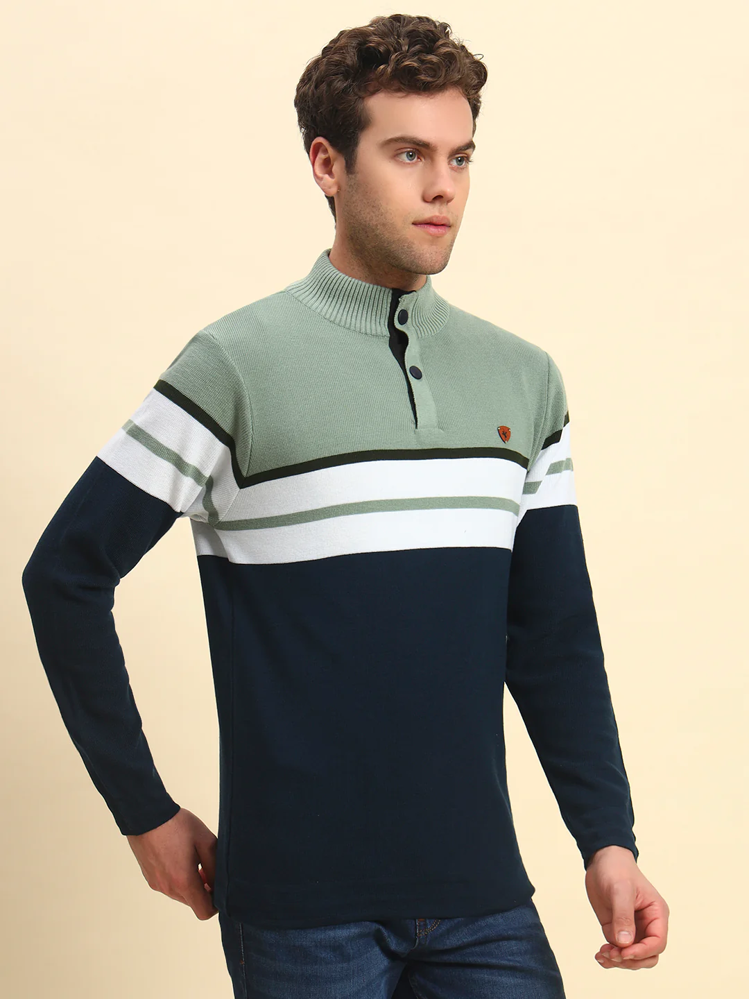 Sweater for Men | Winter Wear Acrylic Fabric Button Closure Mock Neck Regular Fit Striped Pattern - Image 2