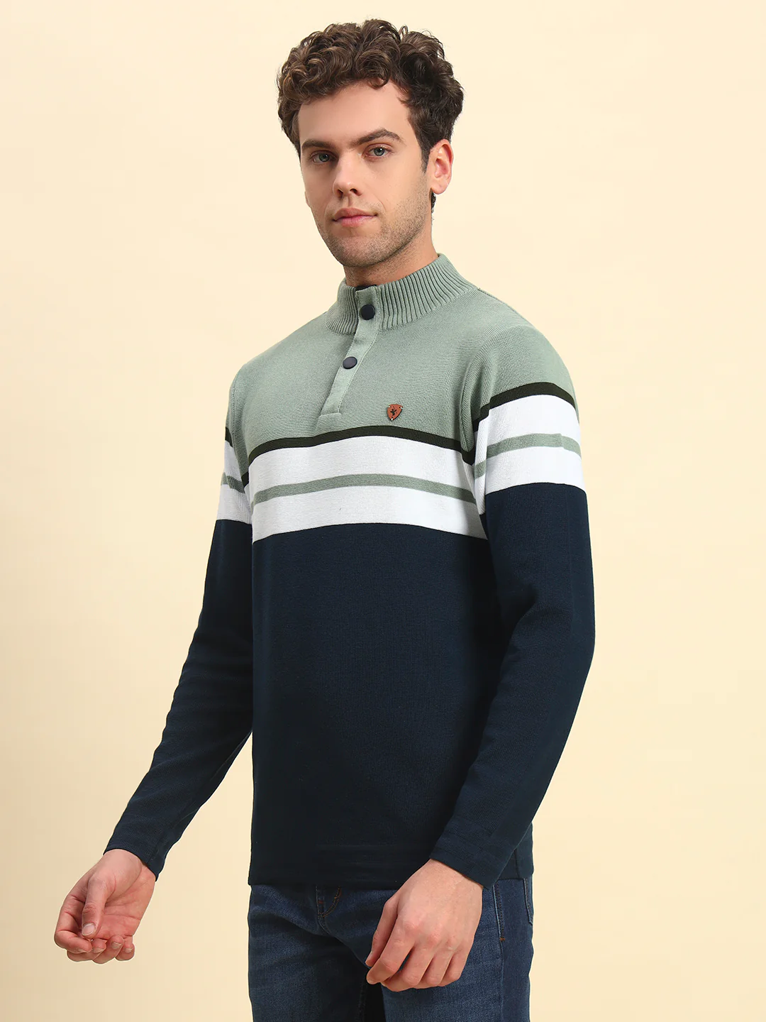 Sweater for Men | Winter Wear Acrylic Fabric Button Closure Mock Neck Regular Fit Striped Pattern - Image 3