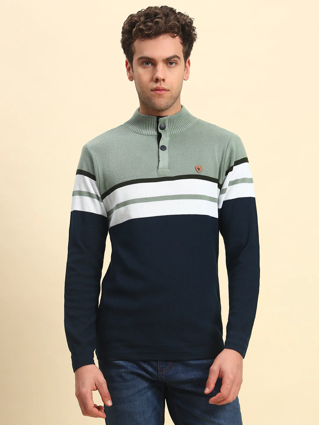 Sweater for Men | Winter Wear Acrylic Fabric Button Closure Mock Neck Regular Fit Striped Pattern - Image 4