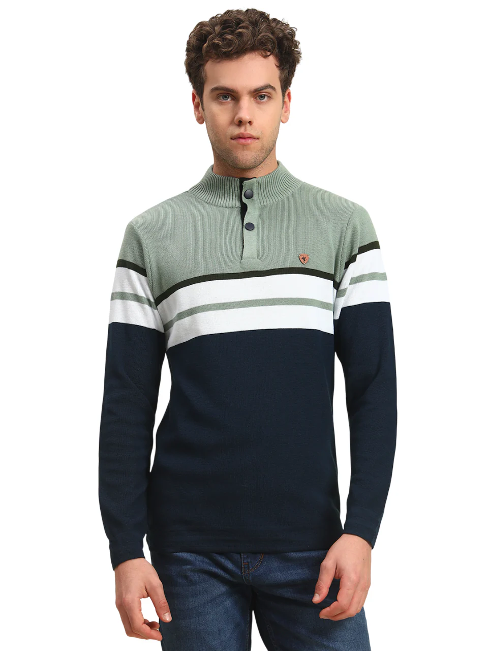 Sweater for Men | Winter Wear Acrylic Fabric Button Closure Mock Neck Regular Fit Striped Pattern - Image 5