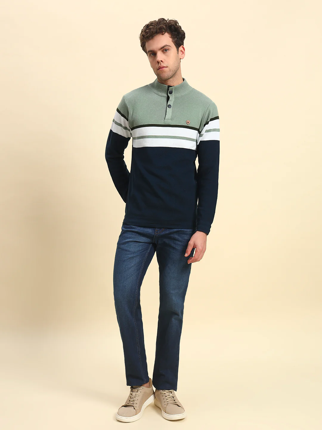 Sweater for Men | Winter Wear Acrylic Fabric Button Closure Mock Neck Regular Fit Striped Pattern - Image 6