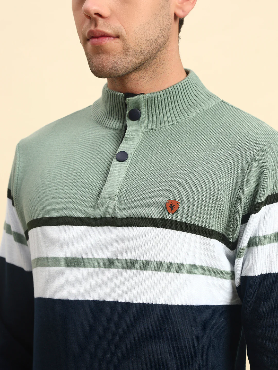 Sweater for Men | Winter Wear Acrylic Fabric Button Closure Mock Neck Regular Fit Striped Pattern - Image 7