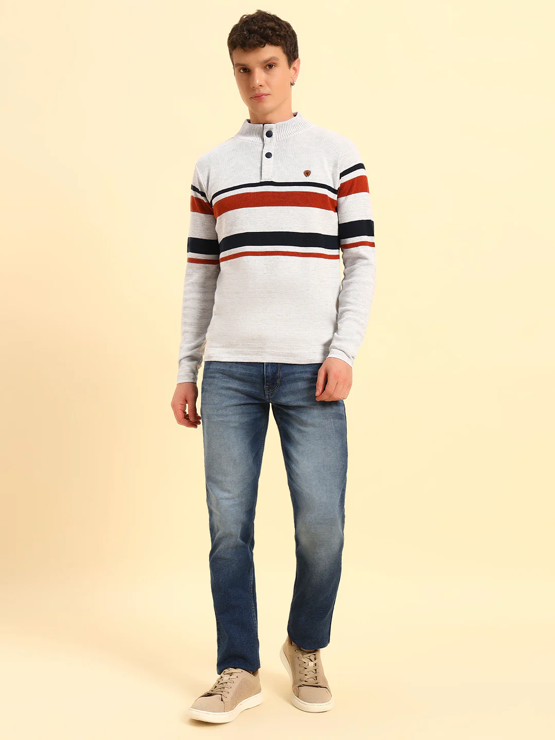 Sweater for Men | Winter Wear Acrylic Fabric Button Closure Mock Neck Regular Fit Striped Pattern - Image 2