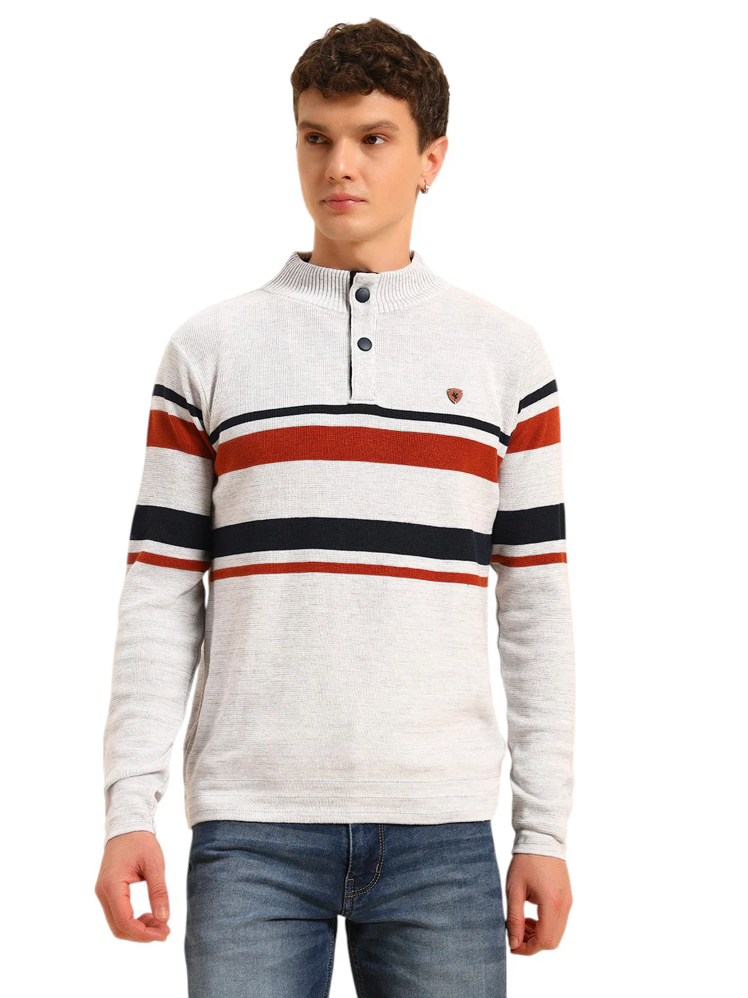 Sweater for Men | Winter Wear Acrylic Fabric Button Closure Mock Neck Regular Fit Striped Pattern - Image 3
